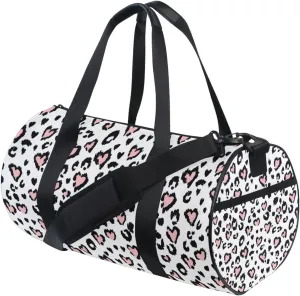 Leopard Jaguar Skin with Pink Hearts Black Spots Animal Print Duffel Bag, Foldable Canvas Travel Tote for Gym Sports with Inner Pockets, Durable Lightweight Fitness Bag for Overnight Workout
