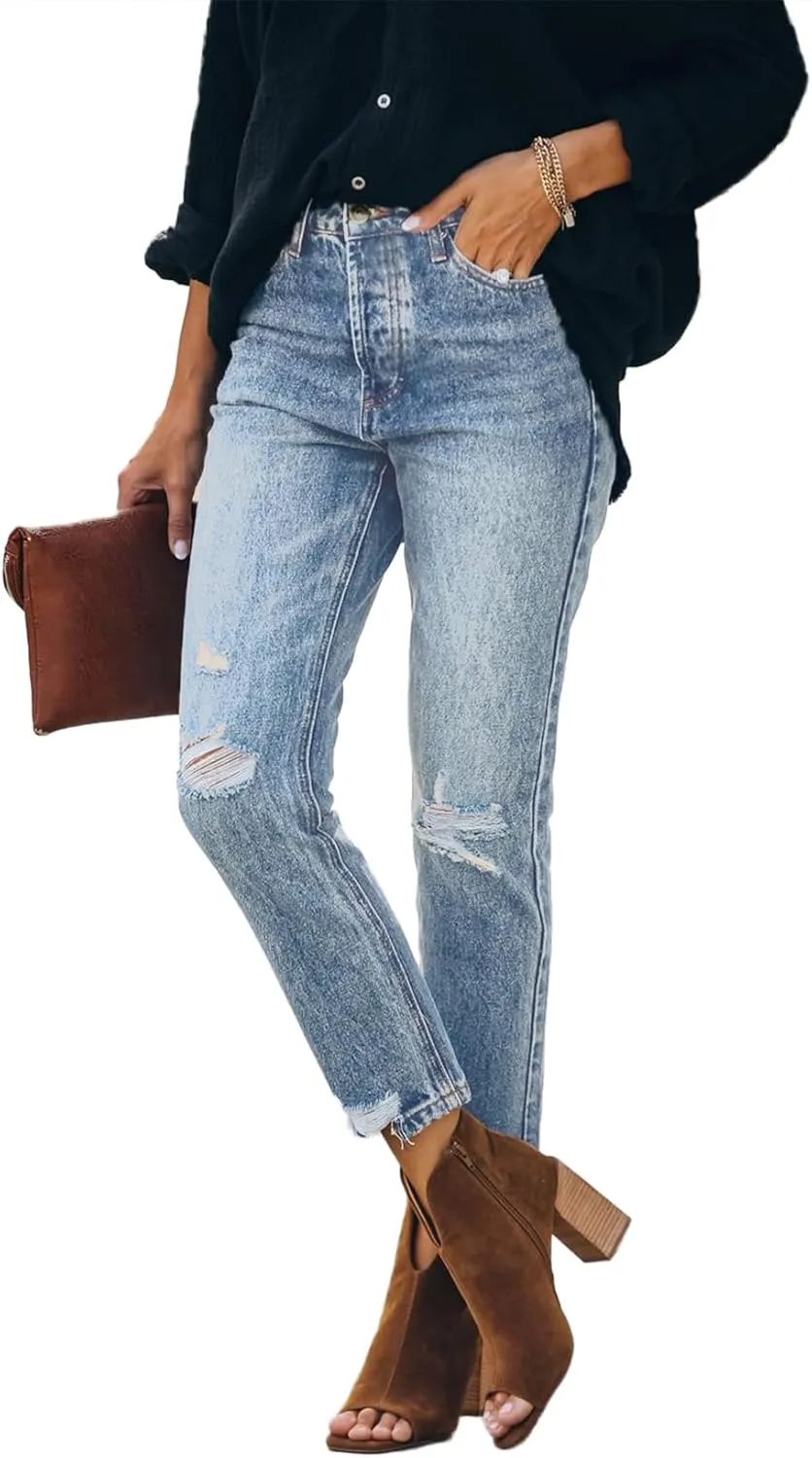 Lesore Womens High Waist Stretch Distressed Jeans Destroyed Denim Pants