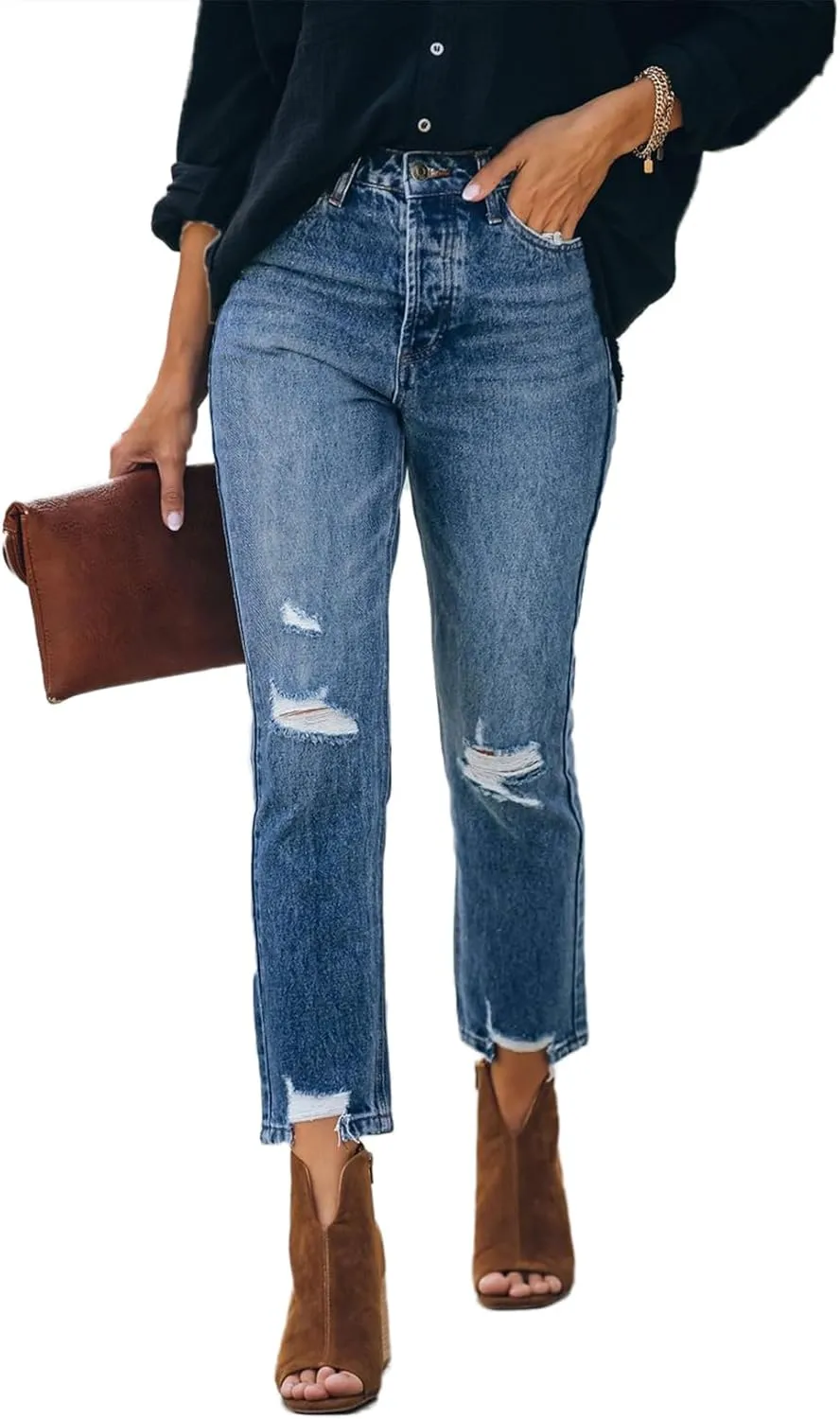 Lesore Womens High Waist Stretch Distressed Jeans Destroyed Denim Pants
