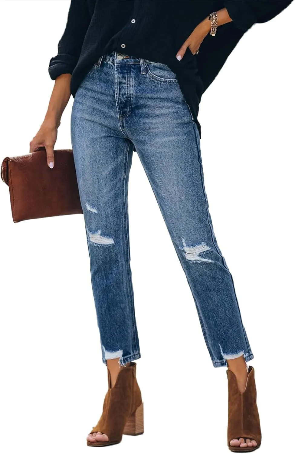 Lesore Womens High Waist Stretch Distressed Jeans Destroyed Denim Pants