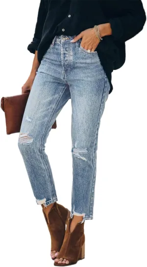 Lesore Womens High Waist Stretch Distressed Jeans Destroyed Denim Pants