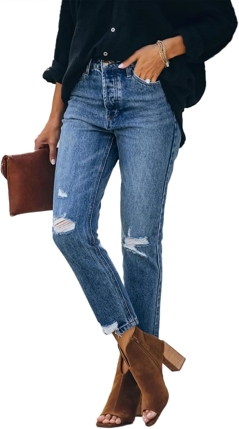 Lesore Womens High Waist Stretch Distressed Jeans Destroyed Denim Pants