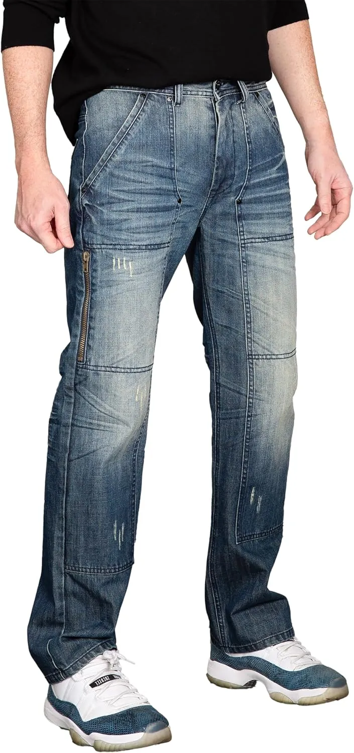 Level 7 Men's Relaxed Bootcut & Relaxed Straight Leg Denim Distressed Jeans with Zipper Pocket