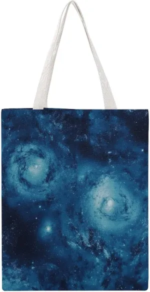Lightweight Reusable Grocery Shopping Cloth Bag,Blue Universe Space Galaxy Print Canvas Tote Bag,shoulder Bag,Double-sided Pattern