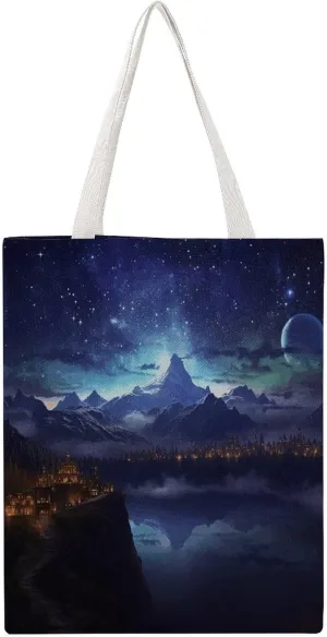 Lightweight Reusable Grocery Shopping Cloth Bag,Fantasy Night Scene Print Canvas Tote Bag,shoulder Bag,Double-sided Pattern