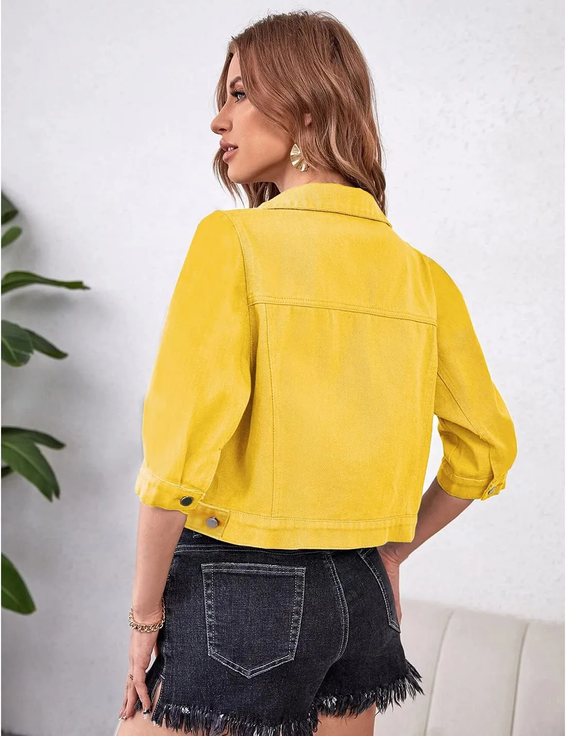 Locachy Womens 3/4 Sleeve Short Denim Jacket Lapel Button Down Cropped Trucker Jean Jackets Coats