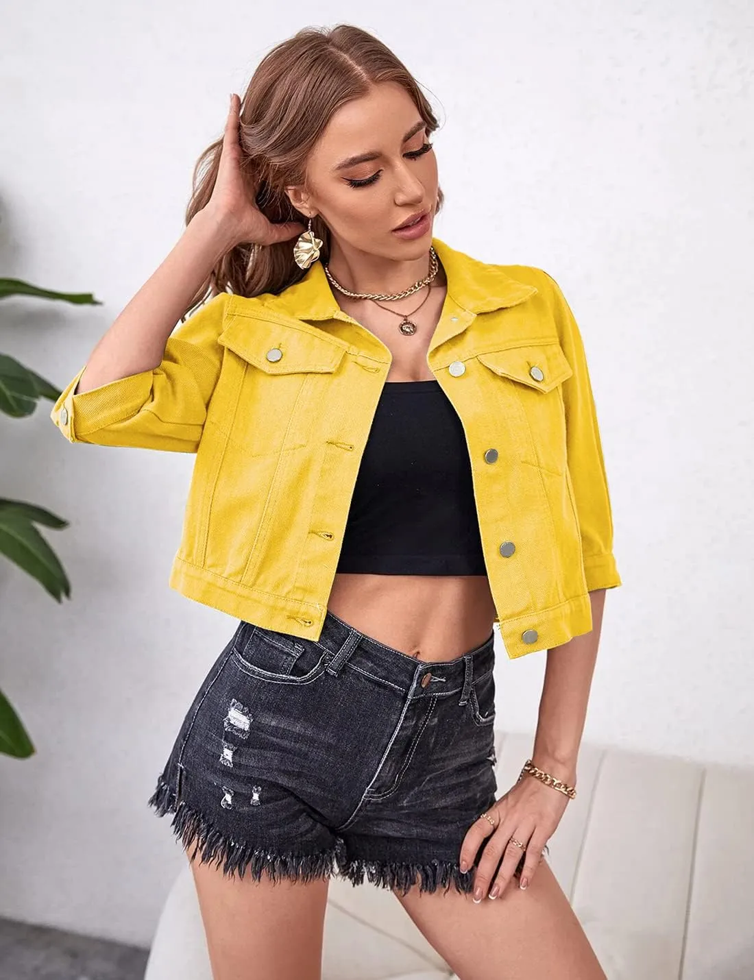 Locachy Womens 3/4 Sleeve Short Denim Jacket Lapel Button Down Cropped Trucker Jean Jackets Coats