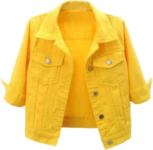 Locachy Womens 3/4 Sleeve Short Denim Jacket Lapel Button Down Cropped Trucker Jean Jackets Coats