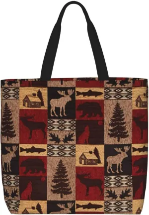 Lodge Bear Deer Fish print Large capacity zipper shoulder convenience bag tote bag Gift travel shopping bag