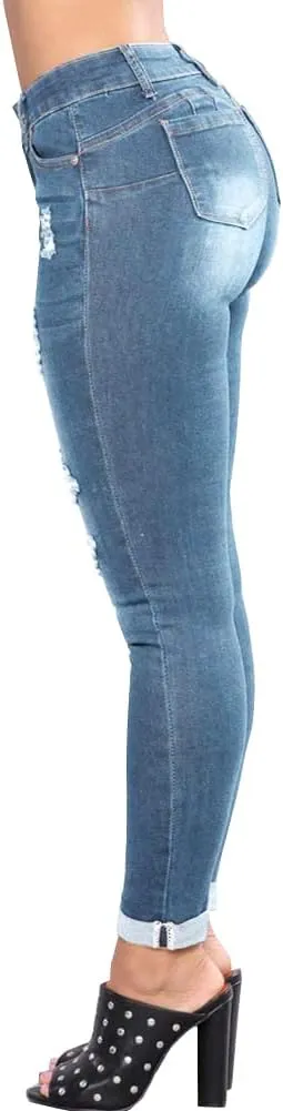 LONGBIDA Women's Stretch Ripped Jeans Skinny Distressed Destroyed Cuffed Denim Pants