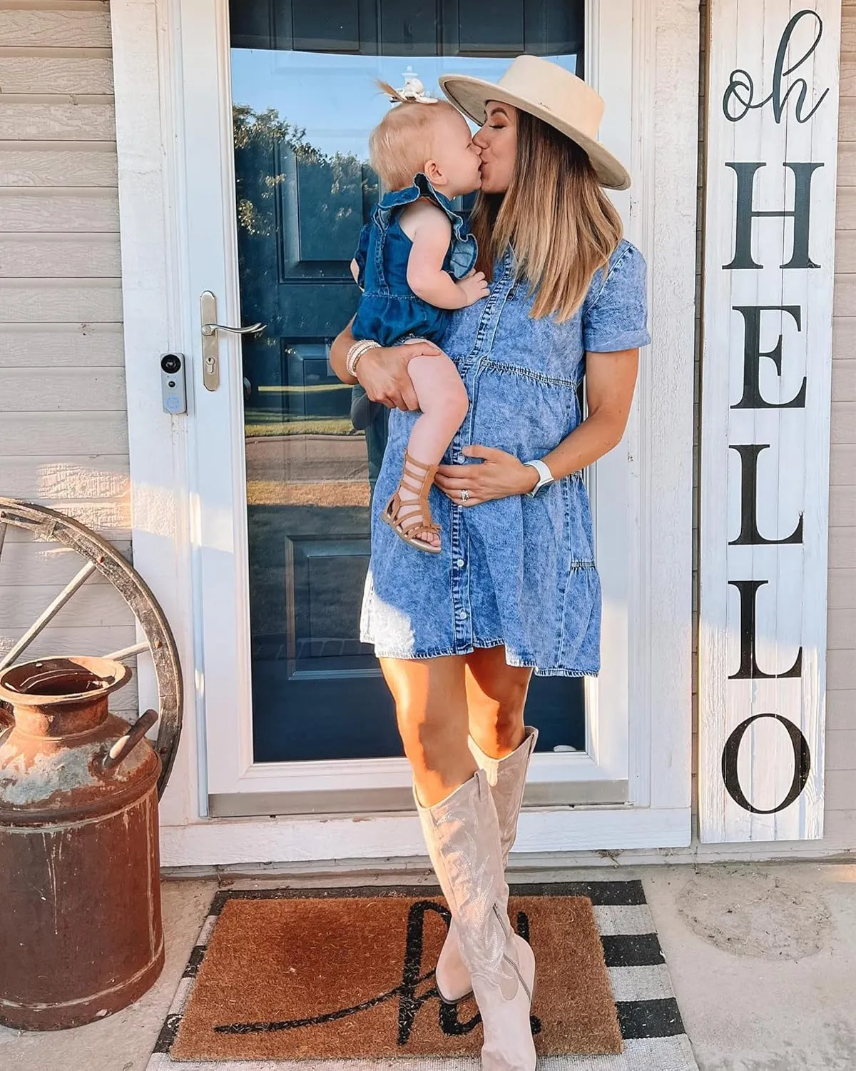 LookbookStore Women's Short Sleeve Button Down Flowy Tiered Babydoll Denim Dress