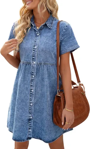 LookbookStore Women's Short Sleeve Button Down Flowy Tiered Babydoll Denim Dress