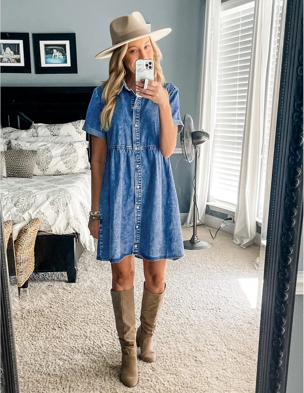 LookbookStore Women's Short Sleeve Button Down Flowy Tiered Babydoll Denim Dress
