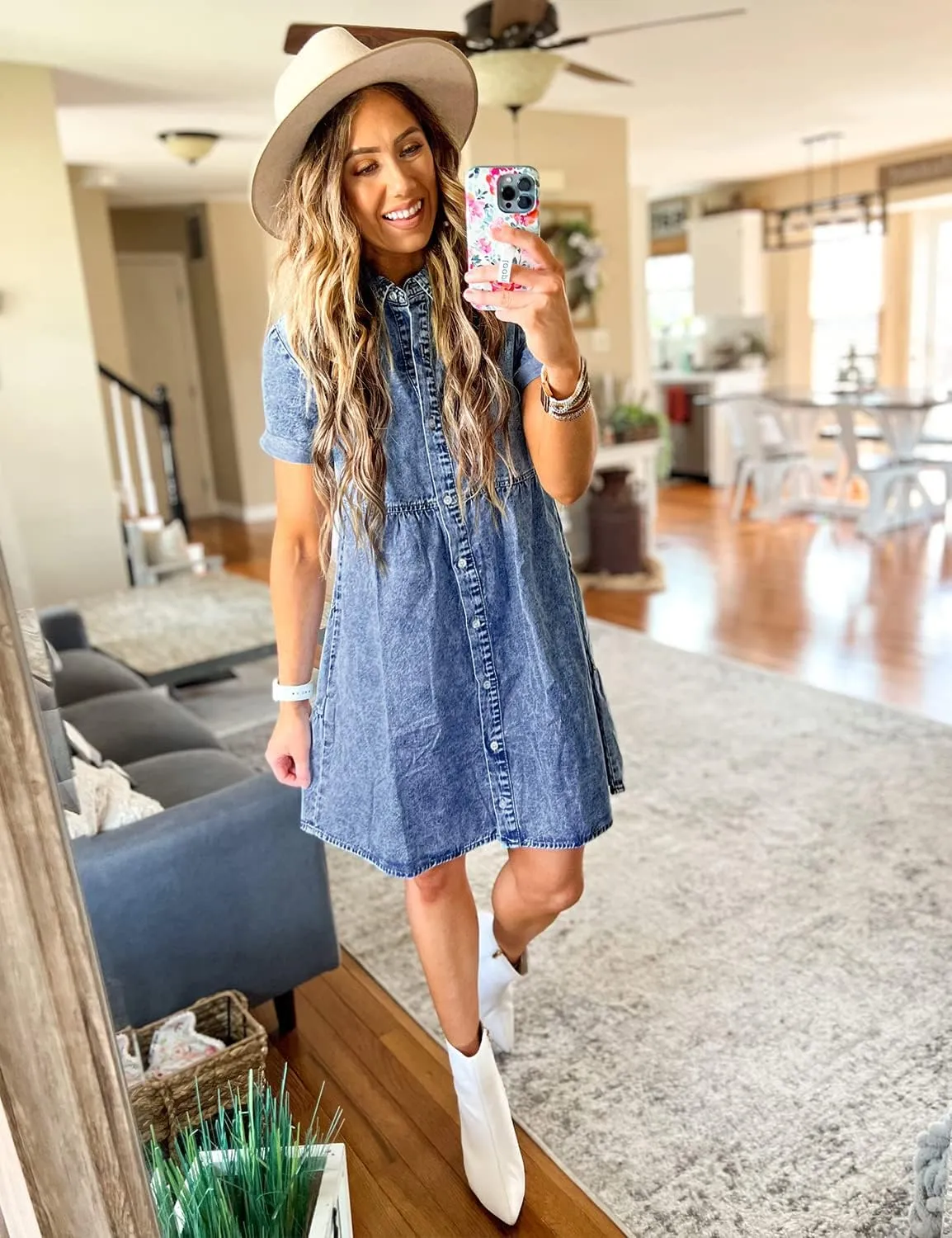LookbookStore Women's Short Sleeve Button Down Flowy Tiered Babydoll Denim Dress