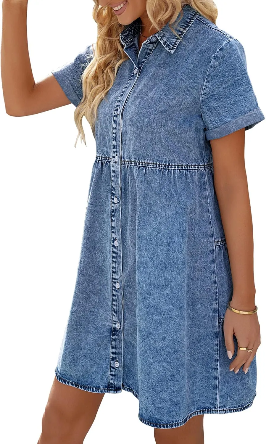 LookbookStore Women's Short Sleeve Button Down Flowy Tiered Babydoll Denim Dress