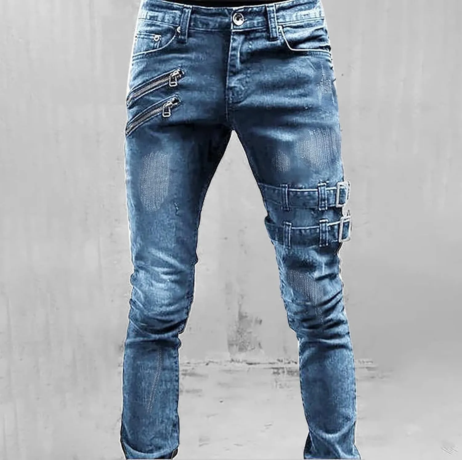 Loose Elastic Waist Jeans Street Frayed Pants Distressed Rip Trousers Middle Waist Denim Long Pants Men's Stretch