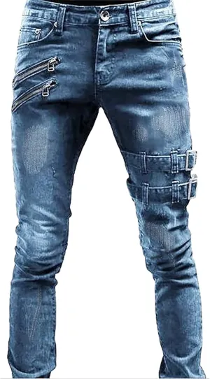 Loose Elastic Waist Jeans Street Frayed Pants Distressed Rip Trousers Middle Waist Denim Long Pants Men's Stretch