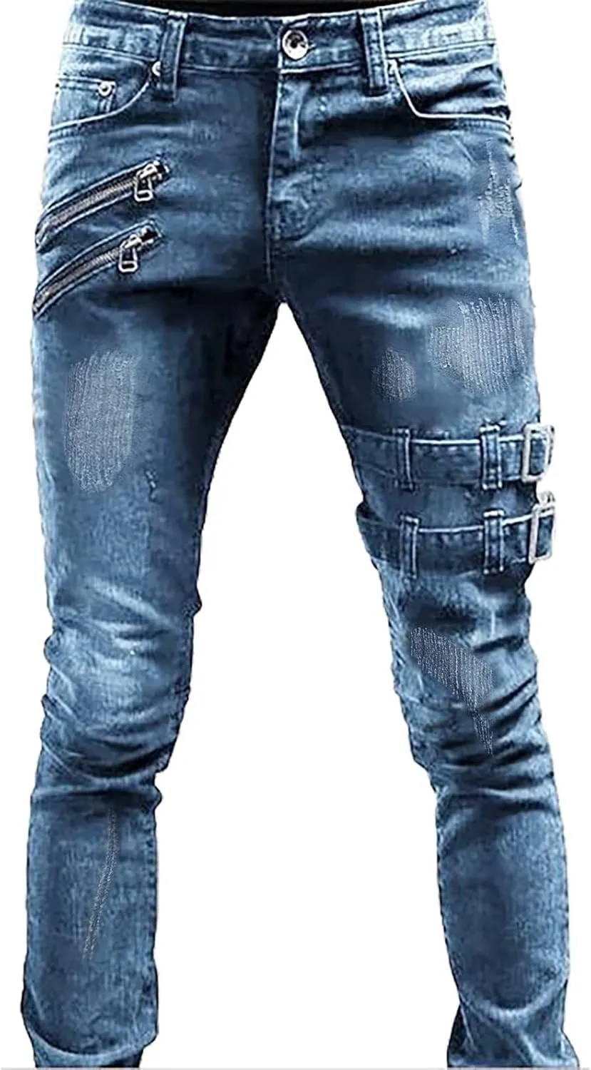 Loose Elastic Waist Jeans Street Frayed Pants Distressed Rip Trousers Middle Waist Denim Long Pants Men's Stretch