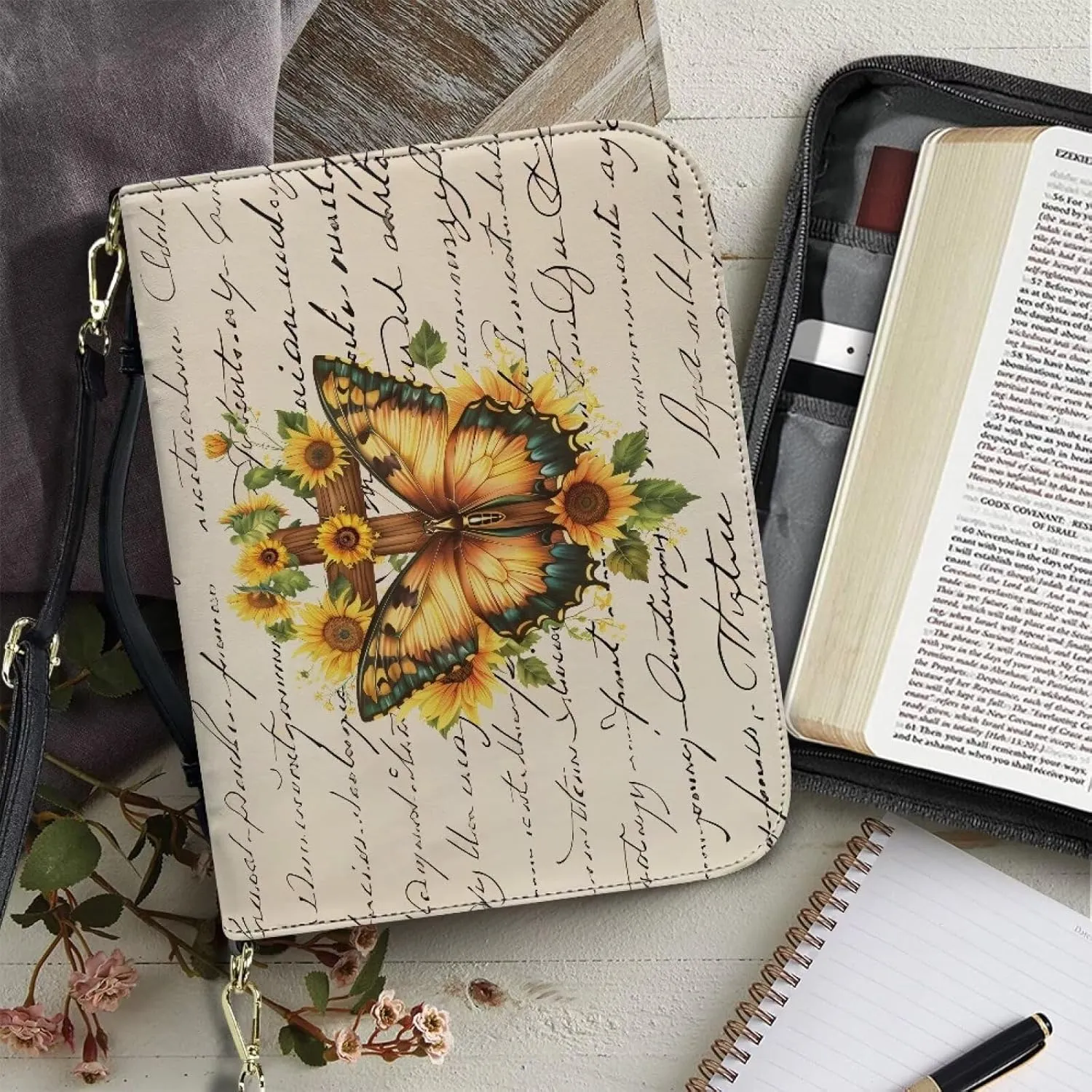 Lotusorchid Bible Cover for Women Men, Bible Tote Bag with Shoulder Strap, Bible Accessories with Pen Slot