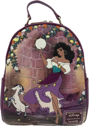 Loungefly Disney Hunchback of Notre Dame Esmeralda Purple Mini Double Strap Shoulder Bag, Debossed with Embroidered Flowers