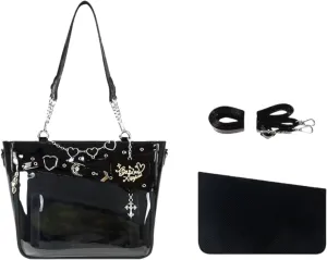 Love-Chains Ita Bag Pins Display Single Shoulder Crossbody Bag PU Leather Big Capacity Handbag Chain Clear Purse with Insert (Black)