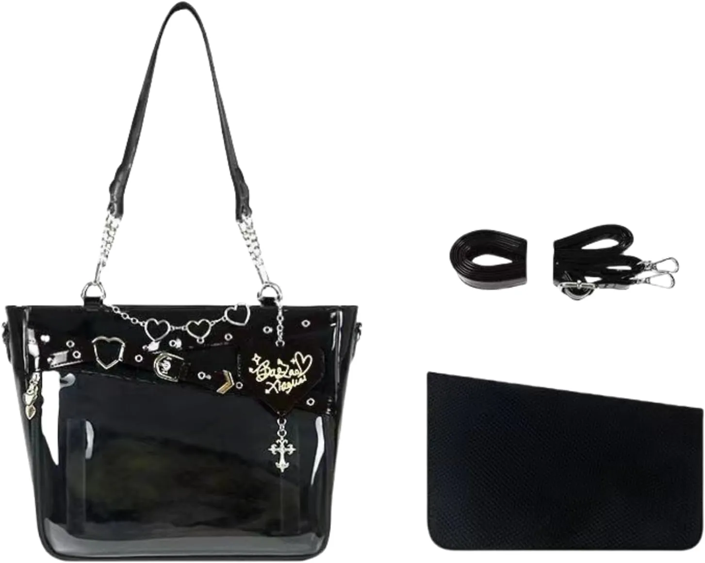 Love-Chains Ita Bag Pins Display Single Shoulder Crossbody Bag PU Leather Big Capacity Handbag Chain Clear Purse with Insert (Black)