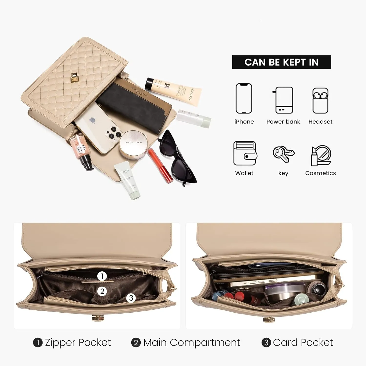 LOVEVOOK Crossbody Bags for Women Leather Quilted Shoulder Bag with Chain Strap Trendy Clutch Satchel Ladies Evening Bag