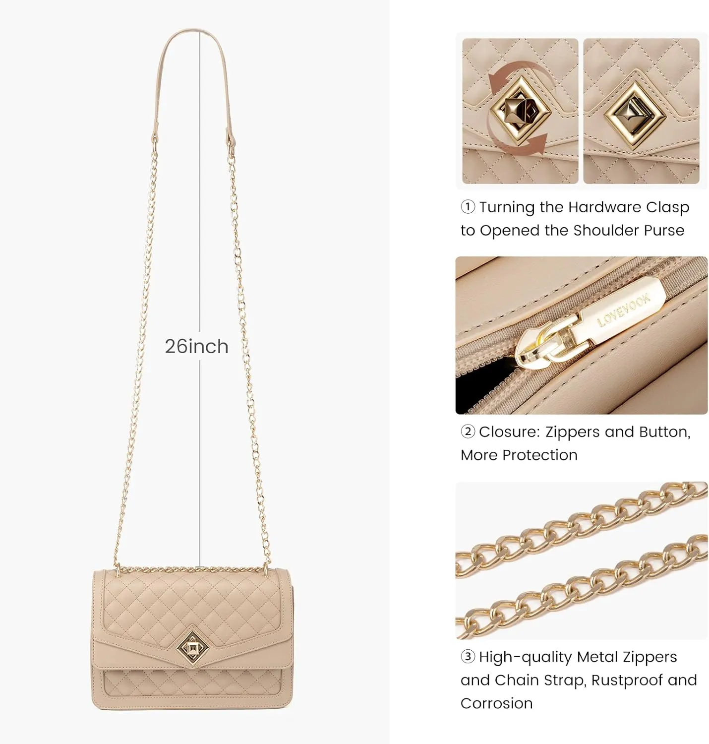 LOVEVOOK Crossbody Bags for Women Leather Quilted Shoulder Bag with Chain Strap Trendy Clutch Satchel Ladies Evening Bag