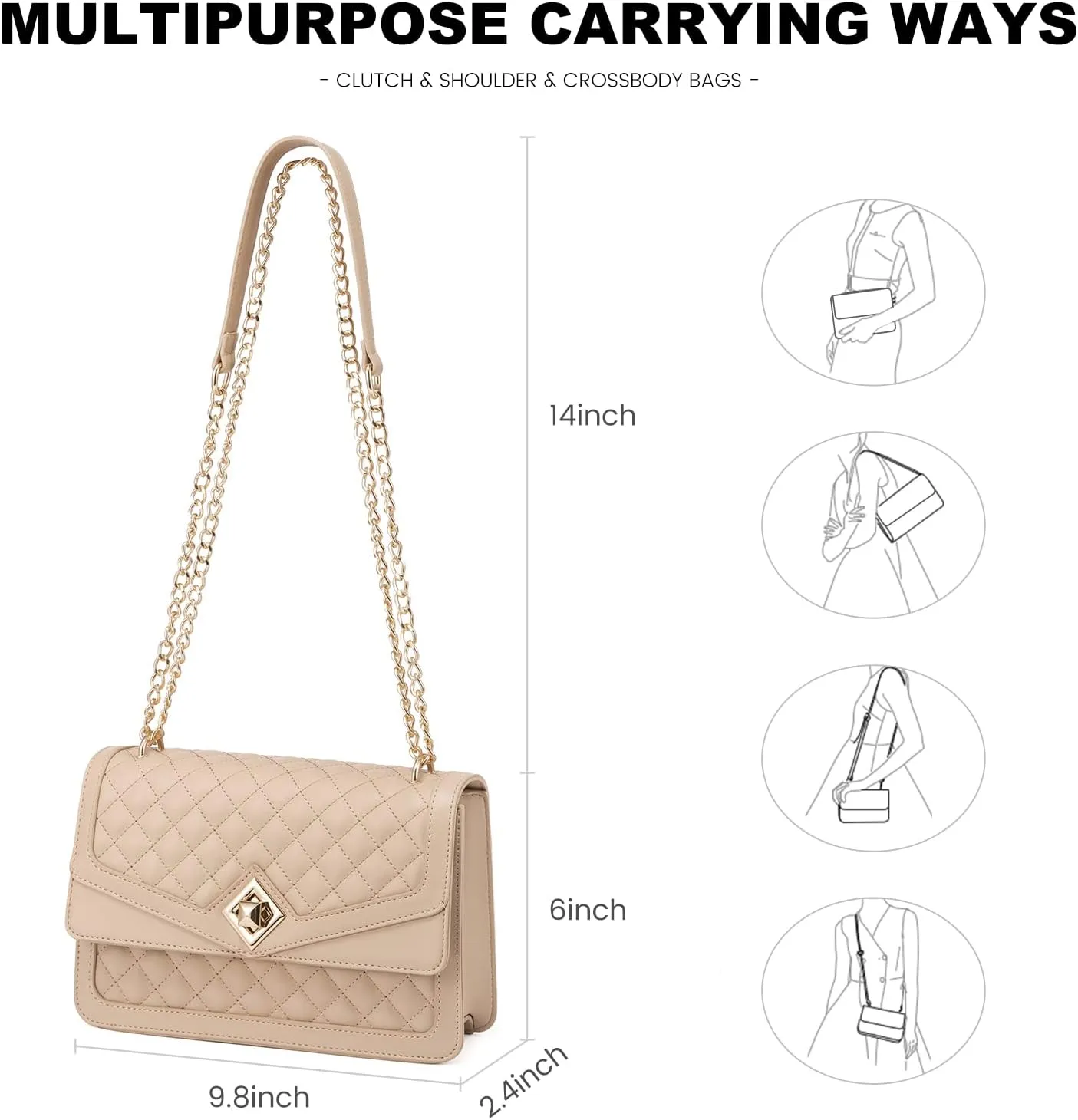 LOVEVOOK Crossbody Bags for Women Leather Quilted Shoulder Bag with Chain Strap Trendy Clutch Satchel Ladies Evening Bag