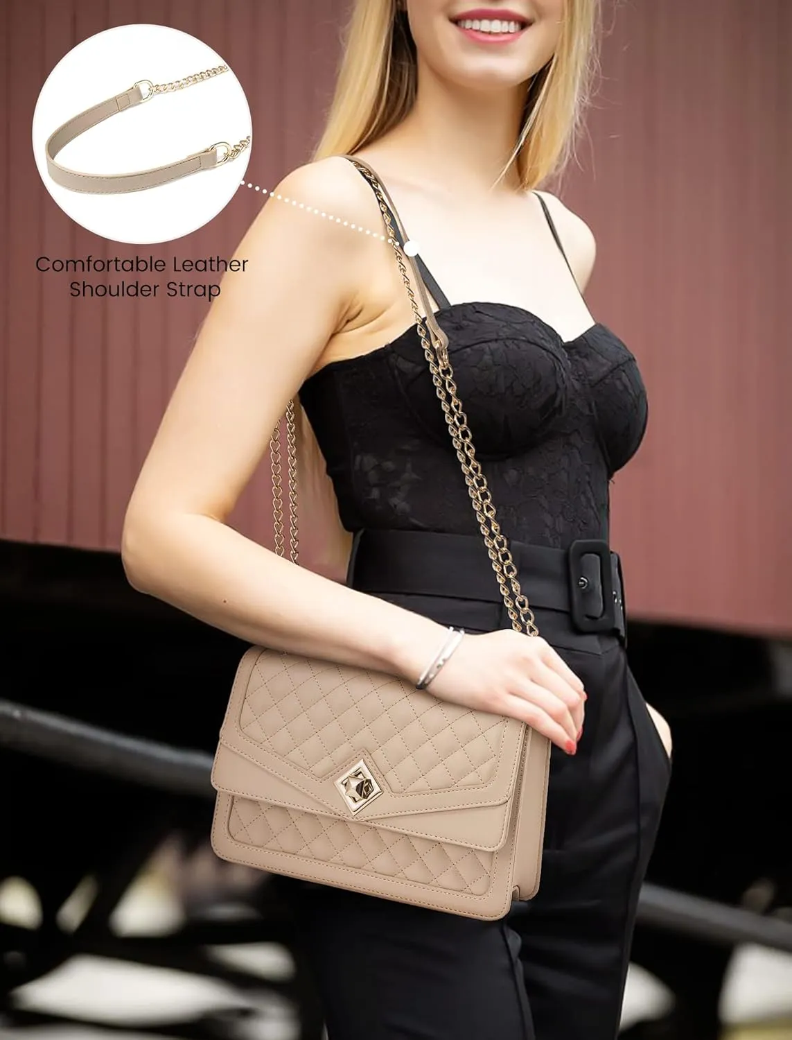 LOVEVOOK Crossbody Bags for Women Leather Quilted Shoulder Bag with Chain Strap Trendy Clutch Satchel Ladies Evening Bag