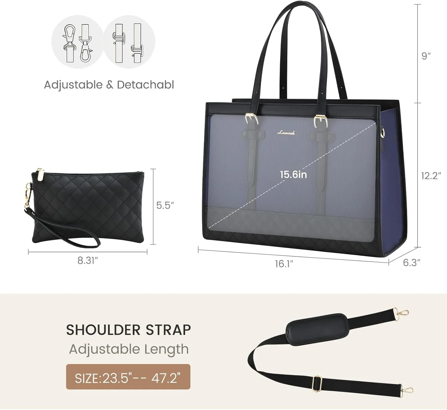 LOVEVOOK Laptop Bag for Women 15.6 inch Canvas Laptop Tote Bag, Large Capacity Work Bags with Clutch Purse, Computer Bags Office Business Briefcase, Casual Handbag for Travel College Teacher