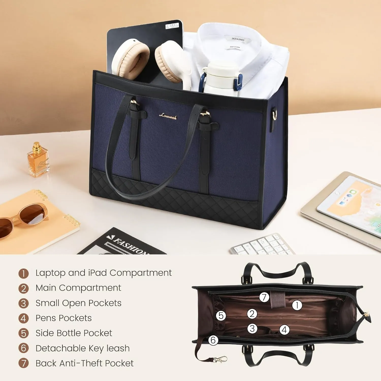 LOVEVOOK Laptop Bag for Women 15.6 inch Canvas Laptop Tote Bag, Large Capacity Work Bags with Clutch Purse, Computer Bags Office Business Briefcase, Casual Handbag for Travel College Teacher