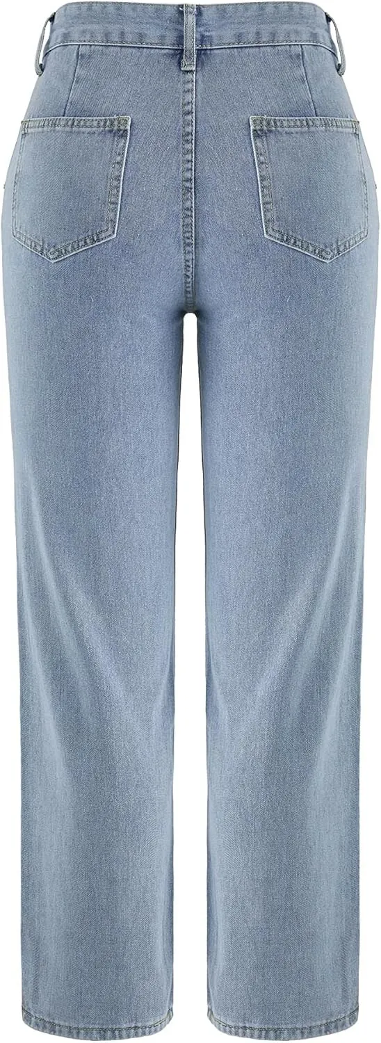 LQI Women's High Waist Baggy Boyfriend Jeans Distressed Wide Leg Denim Pants