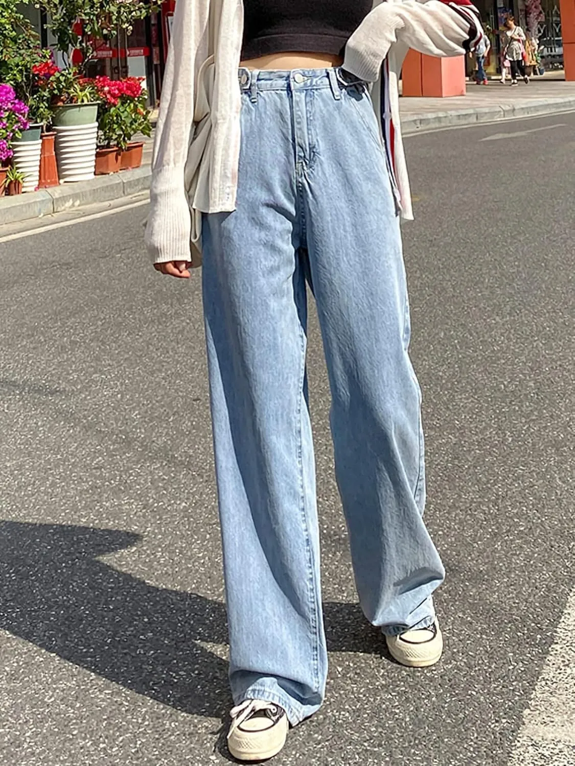 LQI Women's High Waist Baggy Boyfriend Jeans Distressed Wide Leg Denim Pants