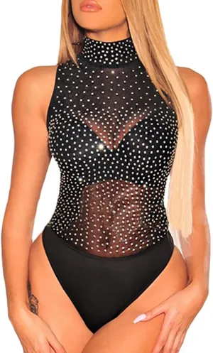 Lrady Women's Sheer Mesh Turtleneck Neck See Through Leotard Bodysuit Body Tops