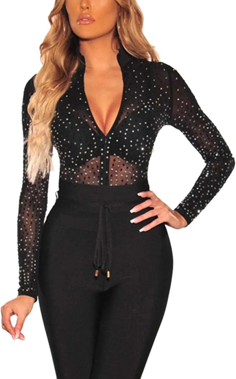 Lrady Women's Sheer Mesh Turtleneck Neck See Through Leotard Bodysuit Body Tops