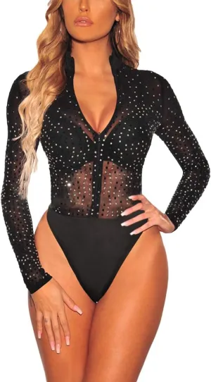 Lrady Women's Sheer Mesh Turtleneck Neck See Through Leotard Bodysuit Body Tops
