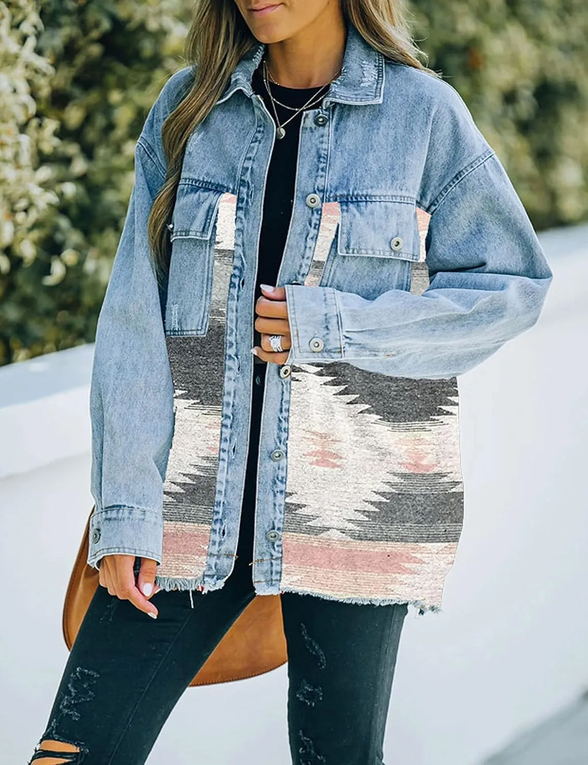 Lumister Women's Aztec Denim Jacket Distressed Lapel Long Sleeve Vintage Button Down Denim Jacket Shacket