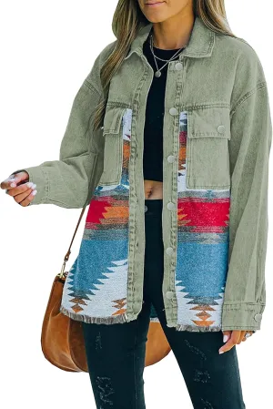 Lumister Women's Aztec Denim Jacket Distressed Lapel Long Sleeve Vintage Button Down Denim Jacket Shacket