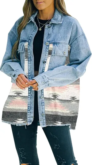 Lumister Women's Aztec Denim Jacket Distressed Lapel Long Sleeve Vintage Button Down Denim Jacket Shacket