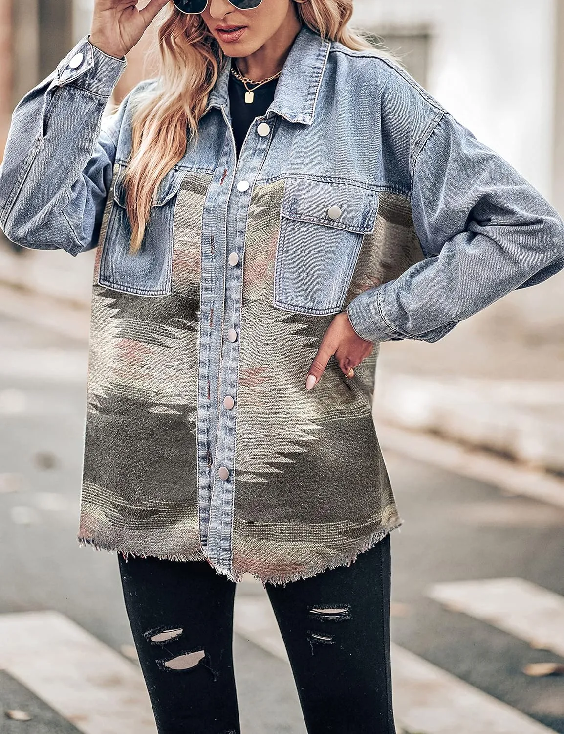 Lumister Women's Aztec Denim Jacket Distressed Lapel Long Sleeve Vintage Button Down Denim Jacket Shacket