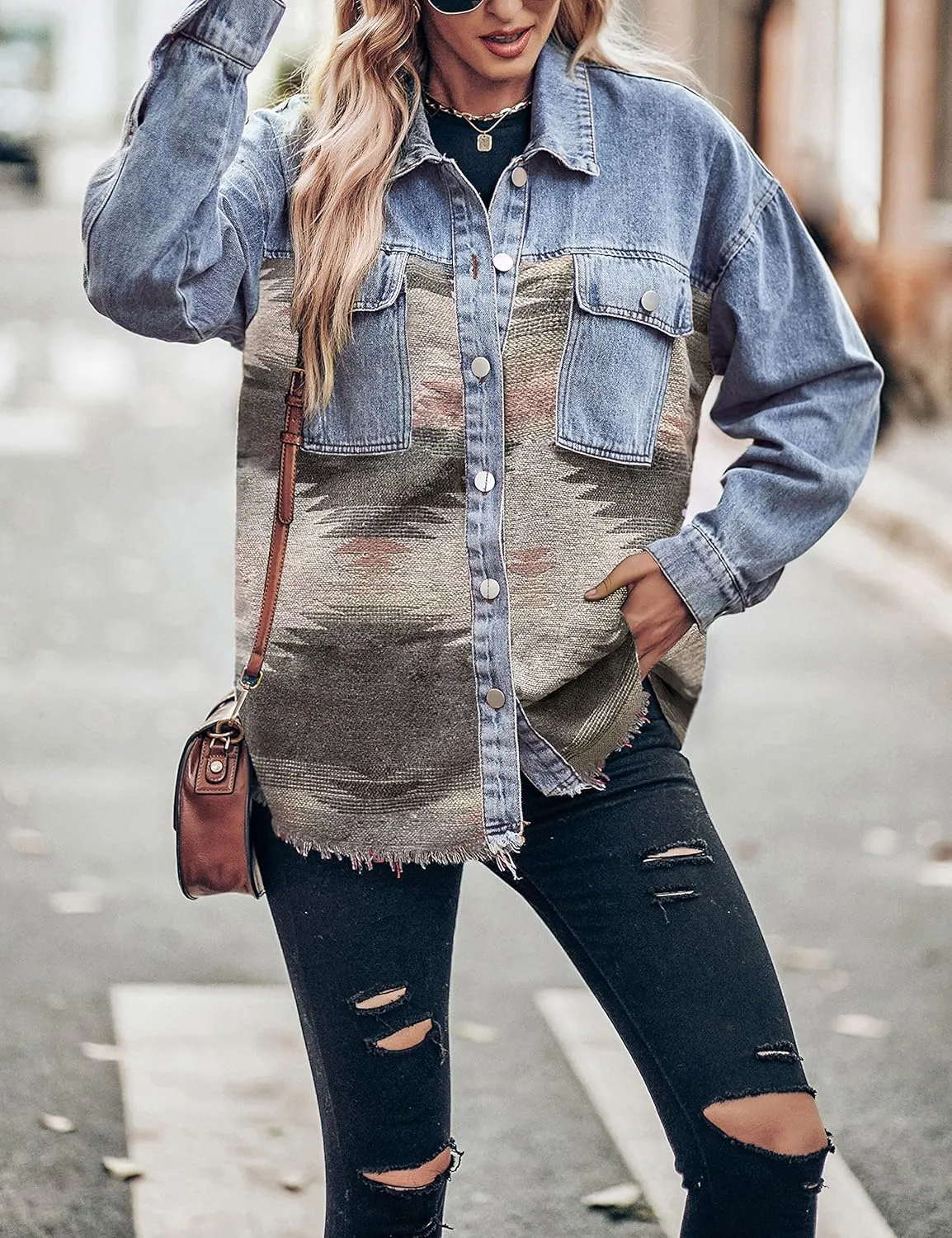 Lumister Women's Aztec Denim Jacket Distressed Lapel Long Sleeve Vintage Button Down Denim Jacket Shacket