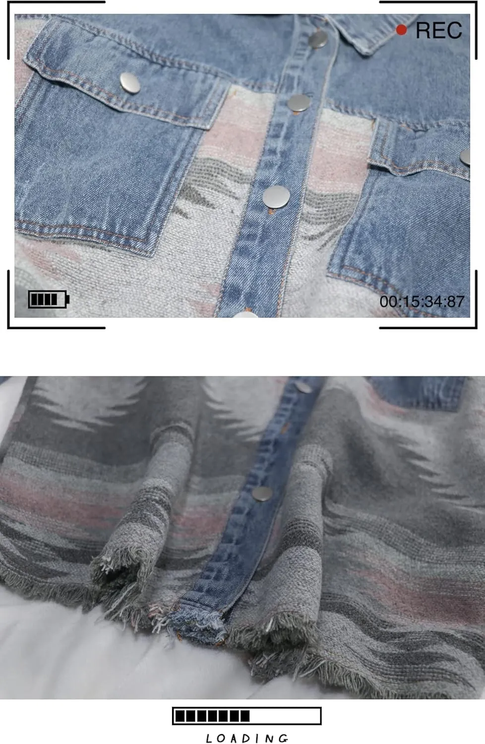Lumister Women's Aztec Denim Jacket Distressed Lapel Long Sleeve Vintage Button Down Denim Jacket Shacket