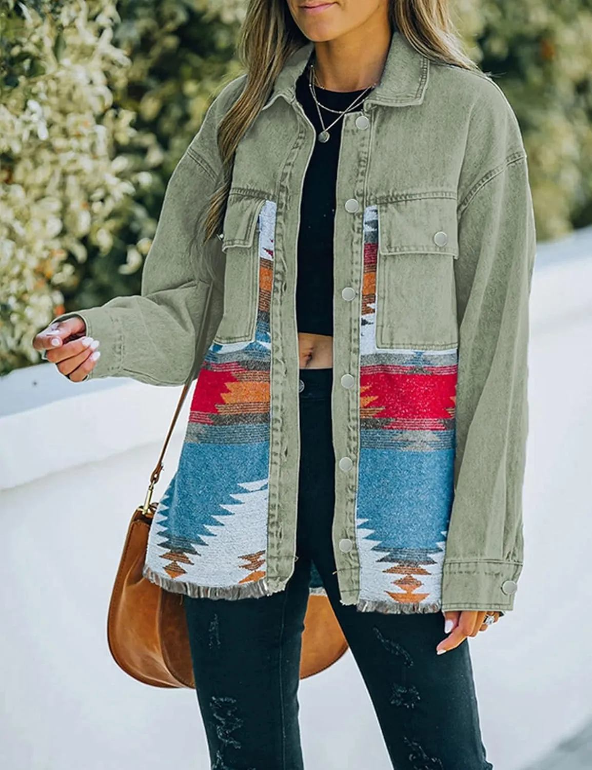 Lumister Women's Aztec Denim Jacket Distressed Lapel Long Sleeve Vintage Button Down Denim Jacket Shacket