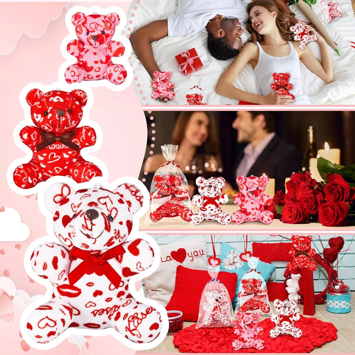 Lunmonc 36 Pcs Valentine's Day Heart Pattern Love Bears with Gift Bag for Valentine's Day Gifts Birthday Party Favors Mini Stuffed Animal Toys Keychains for Valentines Party, 4 Inches, Red Pink White