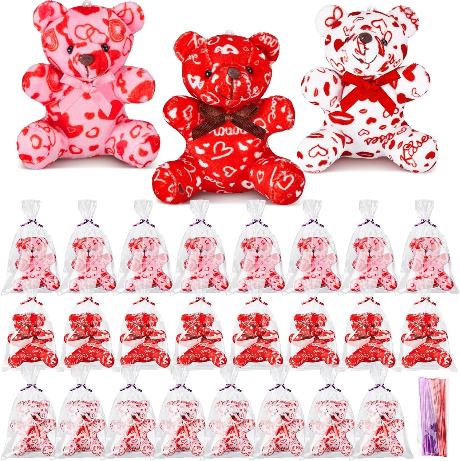 Lunmonc 36 Pcs Valentine's Day Heart Pattern Love Bears with Gift Bag for Valentine's Day Gifts Birthday Party Favors Mini Stuffed Animal Toys Keychains for Valentines Party, 4 Inches, Red Pink White