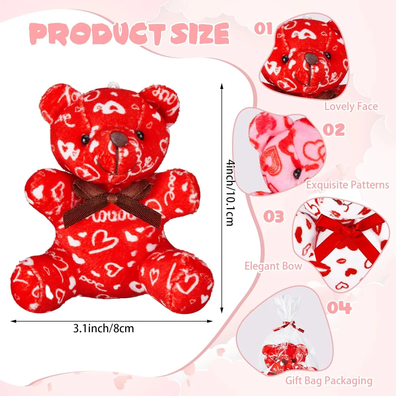Lunmonc 36 Pcs Valentine's Day Heart Pattern Love Bears with Gift Bag for Valentine's Day Gifts Birthday Party Favors Mini Stuffed Animal Toys Keychains for Valentines Party, 4 Inches, Red Pink White