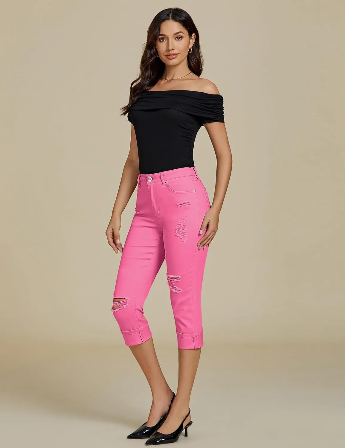 luvamia Capri Jeans for Women Stretch High Waisted Distressed Denim Capris Ripped Skinny Cropped Pants