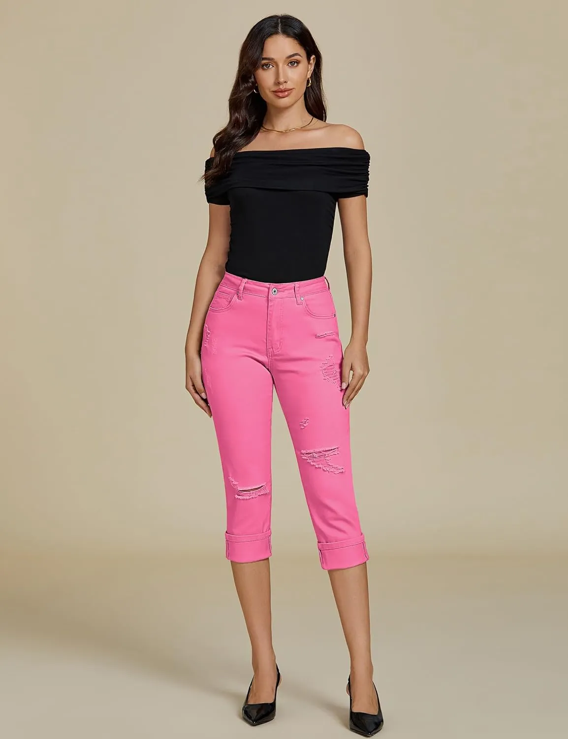 luvamia Capri Jeans for Women Stretch High Waisted Distressed Denim Capris Ripped Skinny Cropped Pants