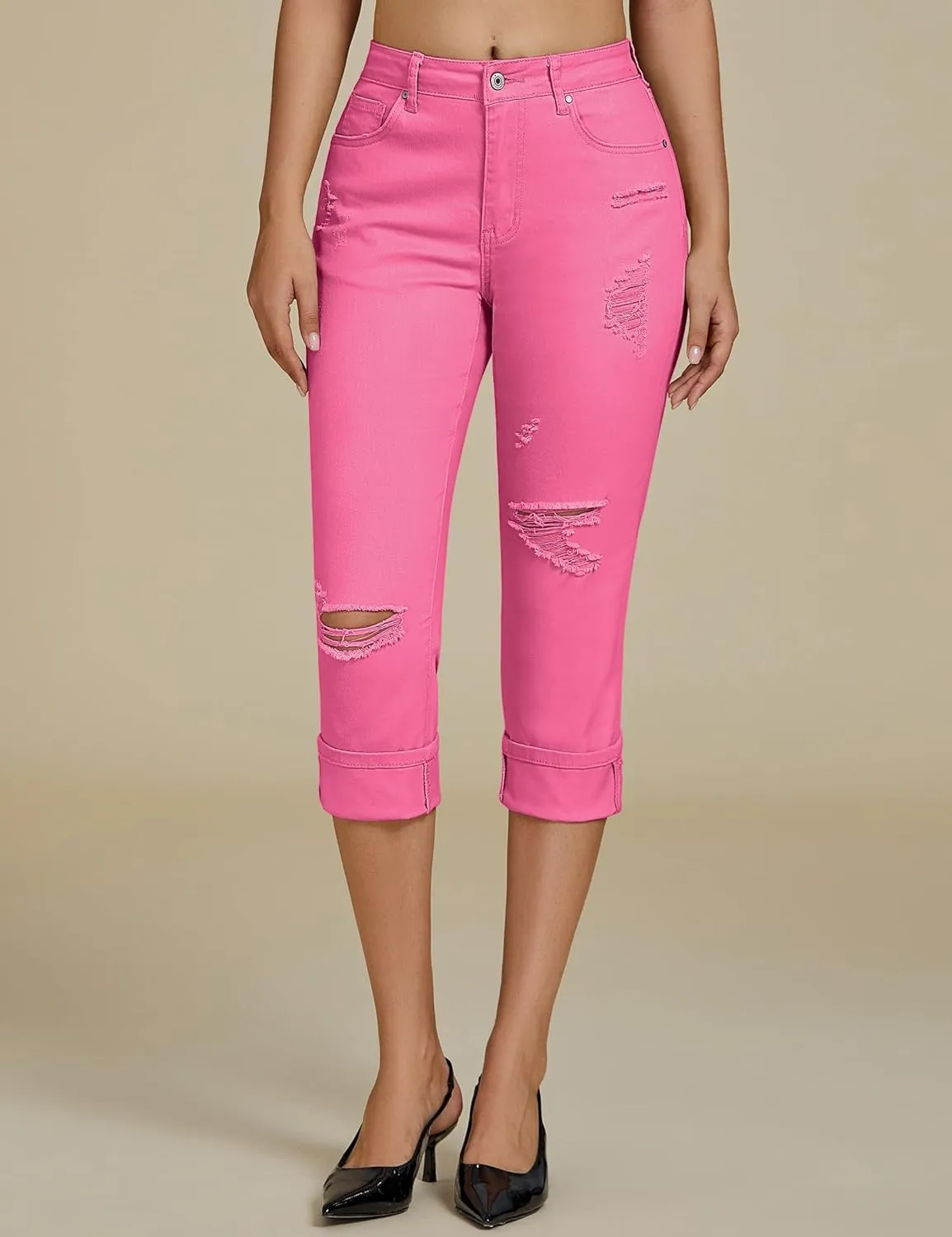 luvamia Capri Jeans for Women Stretch High Waisted Distressed Denim Capris Ripped Skinny Cropped Pants